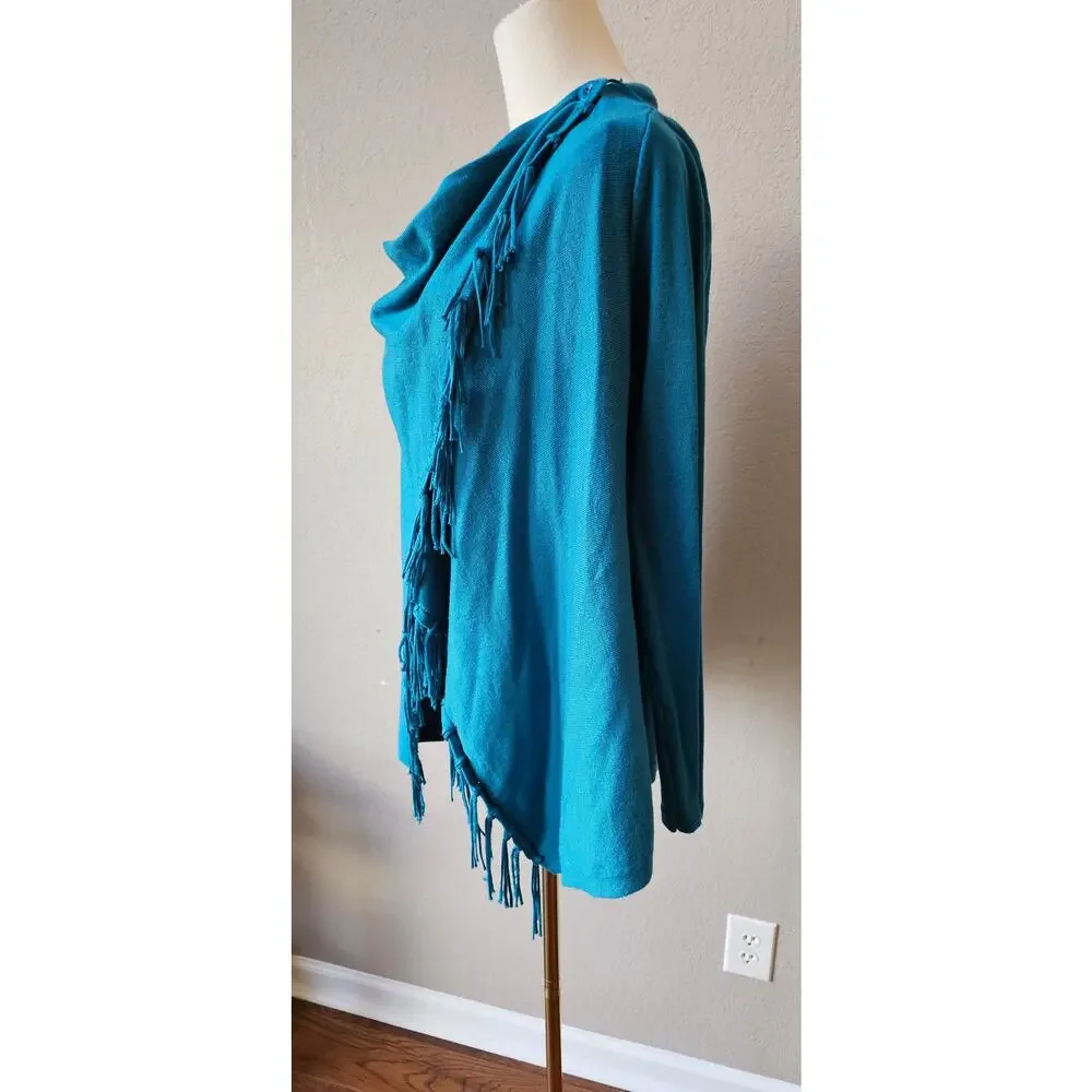Chico's Sz 0 Small Teal Convertible Cowl Fringe Poncho Wrap Cardigan Sweater‎